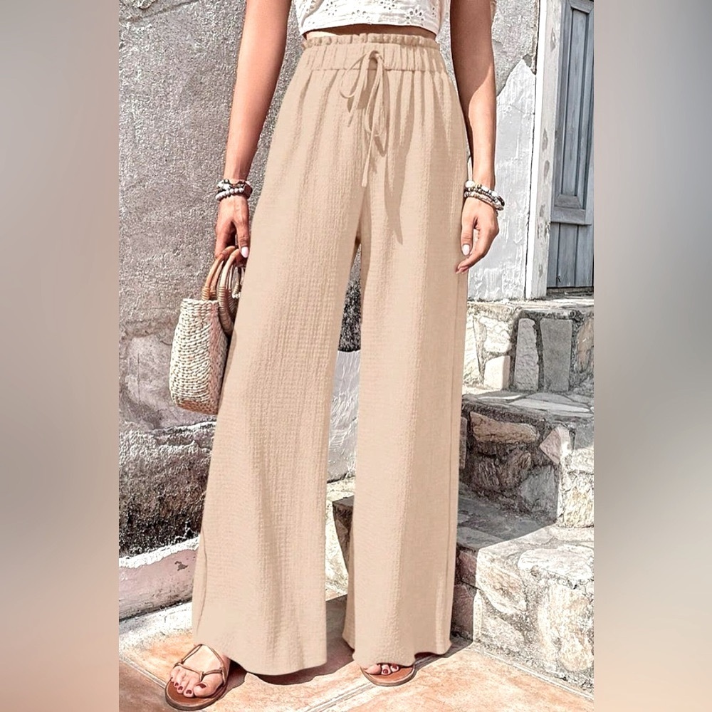 NINEXIS APRICOT SUMMER CASUAL BUBBLE PLAID WIDE-LEG PANTS
